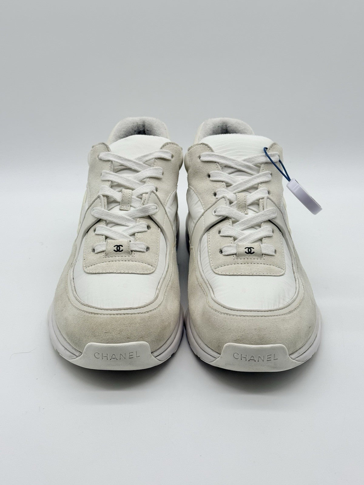 Size 12 - Chanel CC Logo Sneaker White Suede