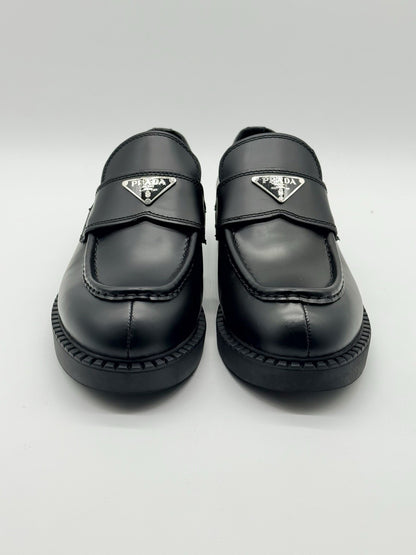 WORN ONCE Size 8 - PRADA Men's Black Leather Logo Slip On Loafers