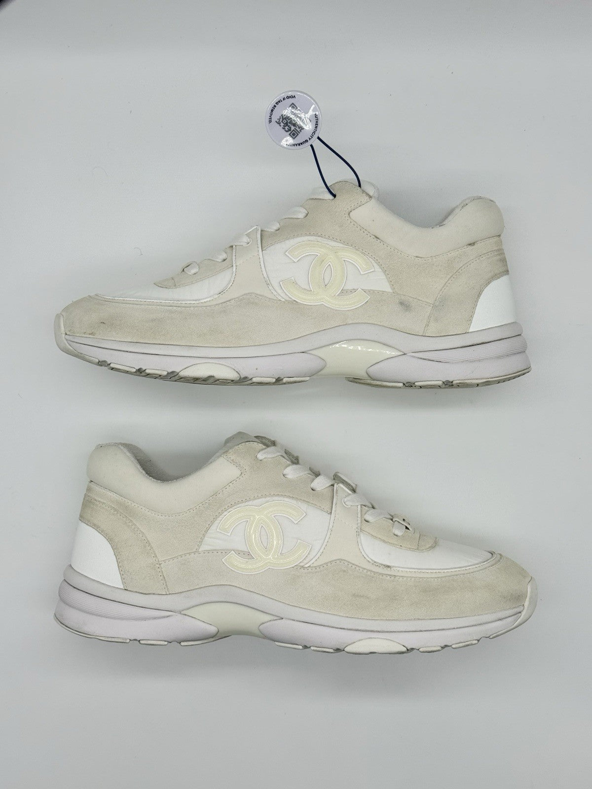 Size 12 - Chanel CC Logo Sneaker White Suede